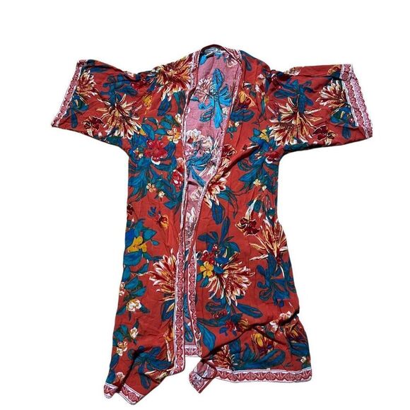 Flying Tomato Orange Floral Rayon Cover-Up Kimono Duster Size S - Picture 1 of 5